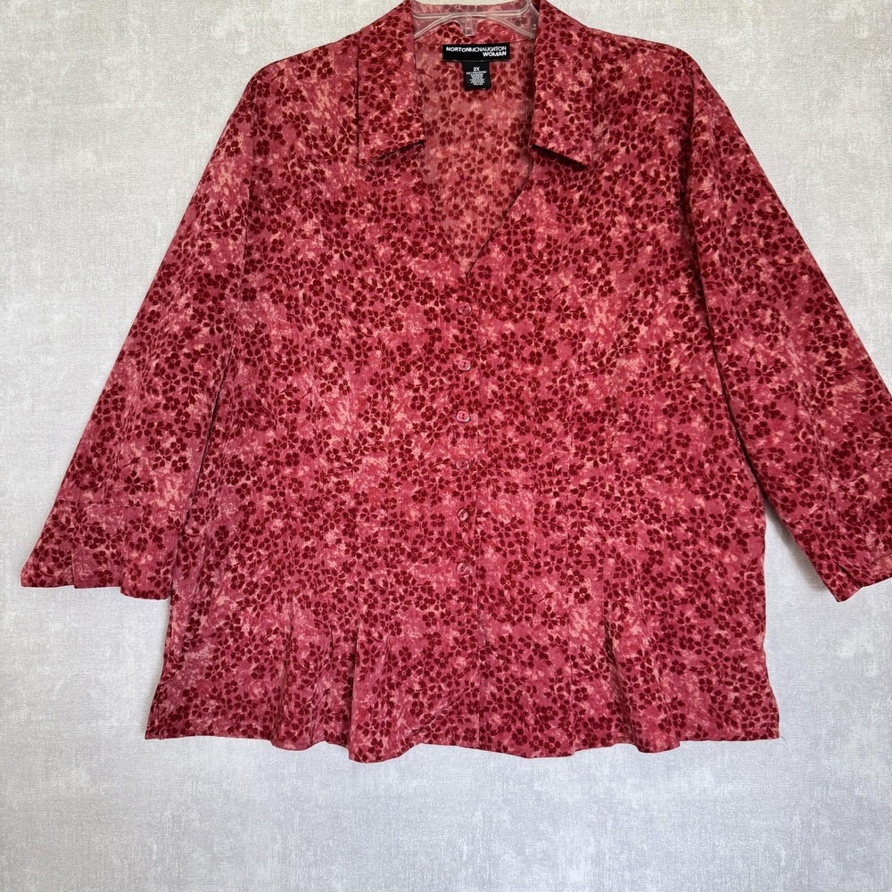 Vintage Norton McNaughton Shirt Womens 2X Red Floral Crinkle‎ Button Front